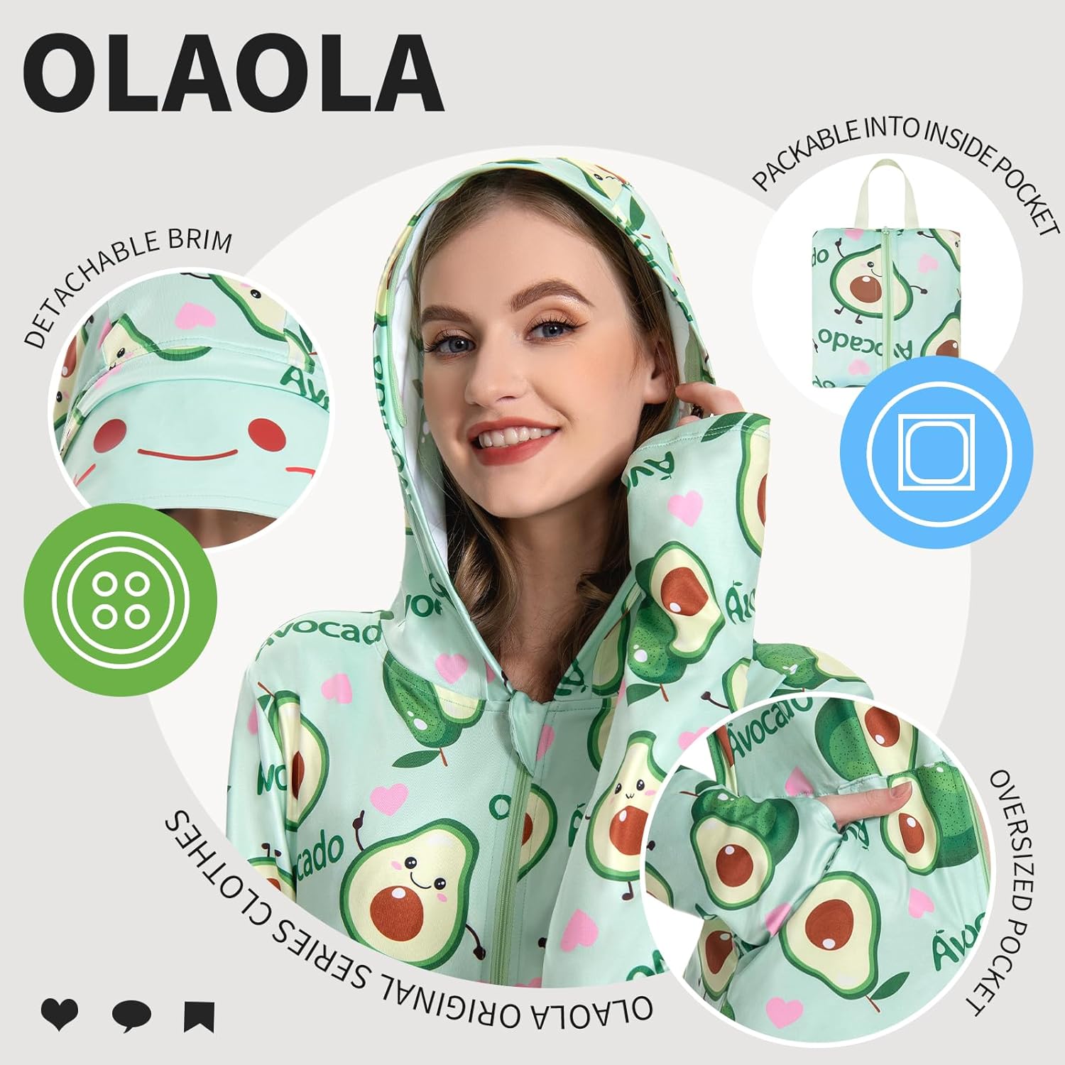 OLAOLA Women UPF 50+ Avocado Sun Protection Hoodie Beach Swim Cover Up Lightweight Long Sleeve Hiking Outdoor