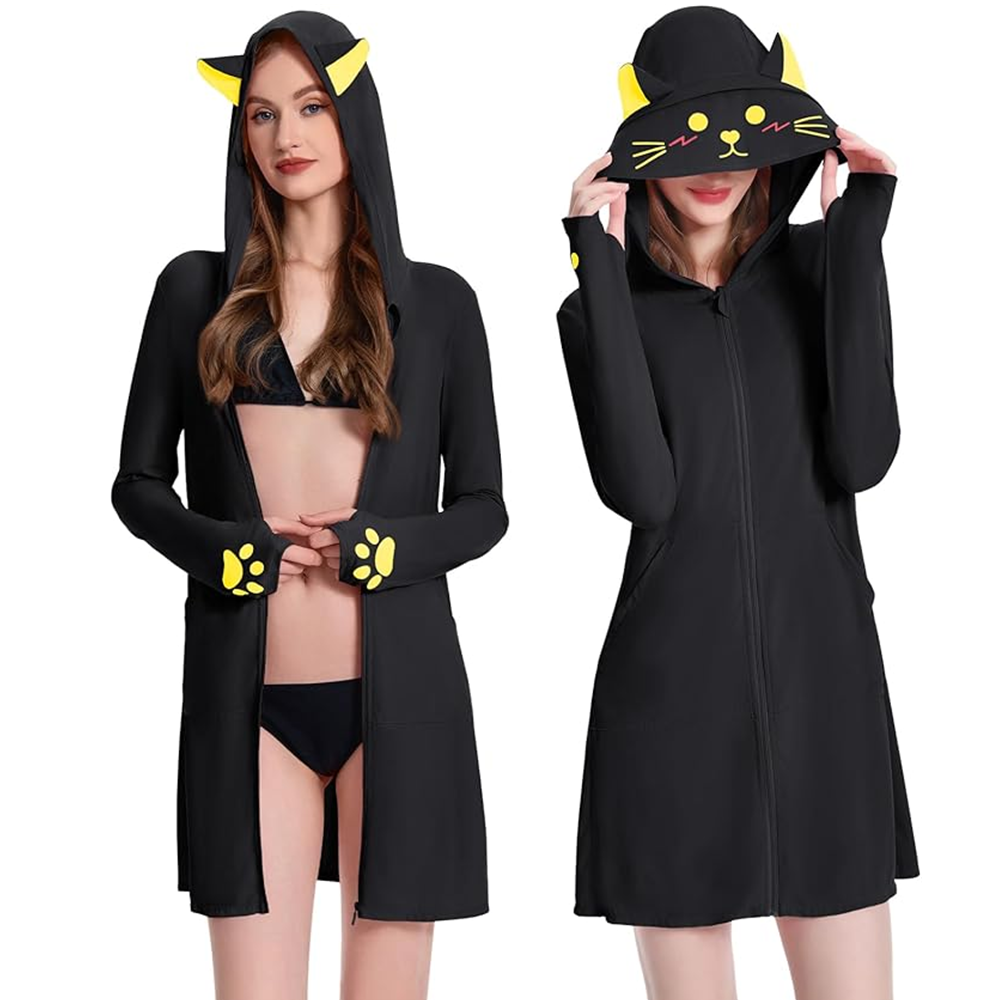 OLAOLA Women UPF 50+ Black Cat Swim Cover Up Sun Protection Hoodie Long Sleeve Quick Dry Jacket