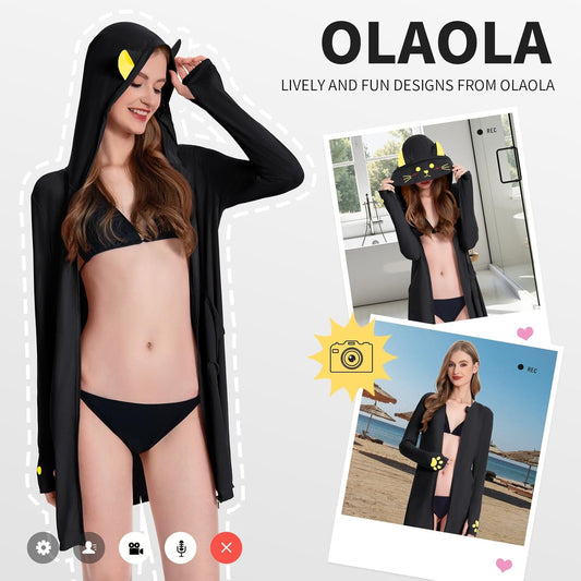 OLAOLA Women UPF 50+ Black Cat Swim Cover Up Sun Protection Hoodie Long Sleeve Quick Dry Jacket