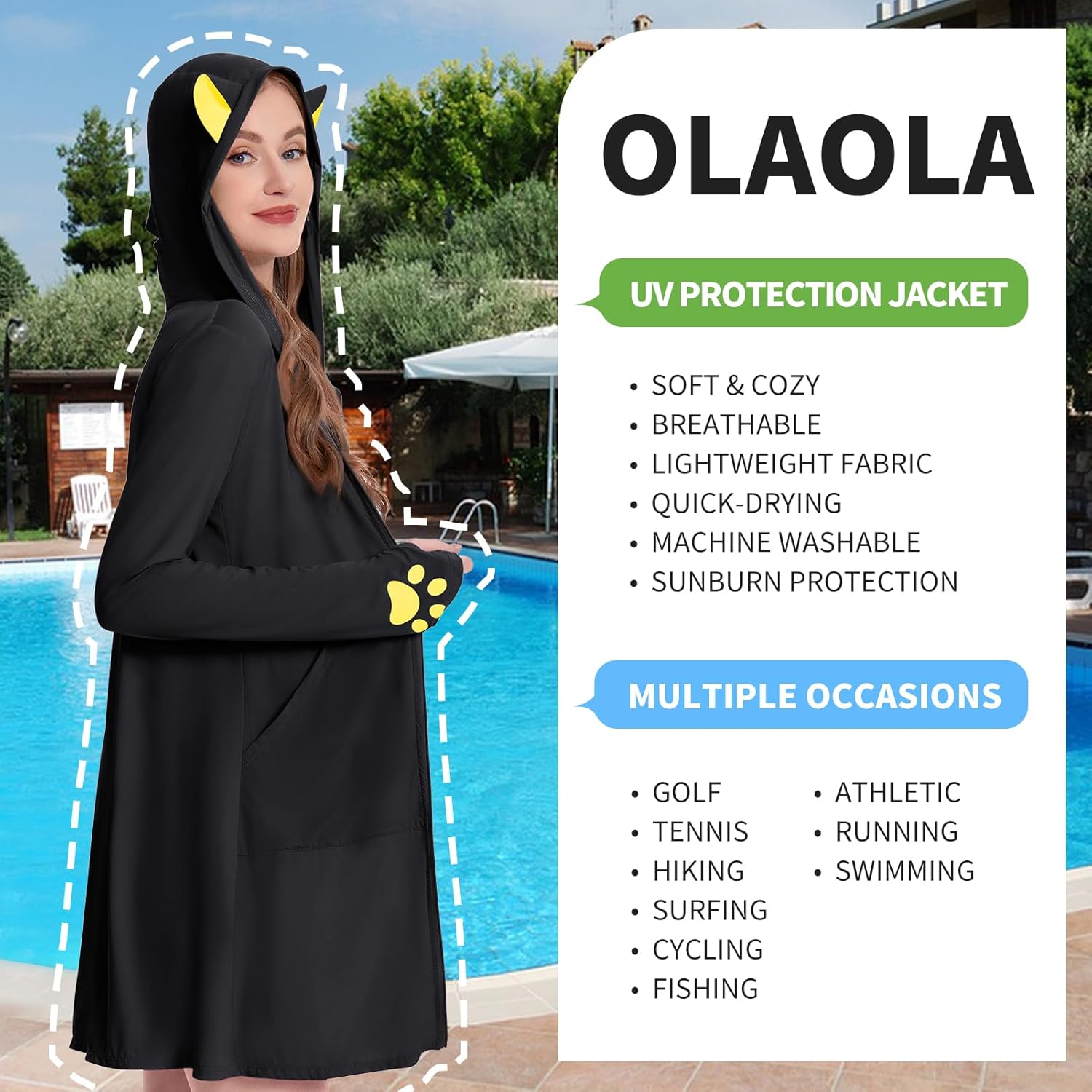 OLAOLA Women UPF 50+ Black Cat Swim Cover Up Sun Protection Hoodie Long Sleeve Quick Dry Jacket
