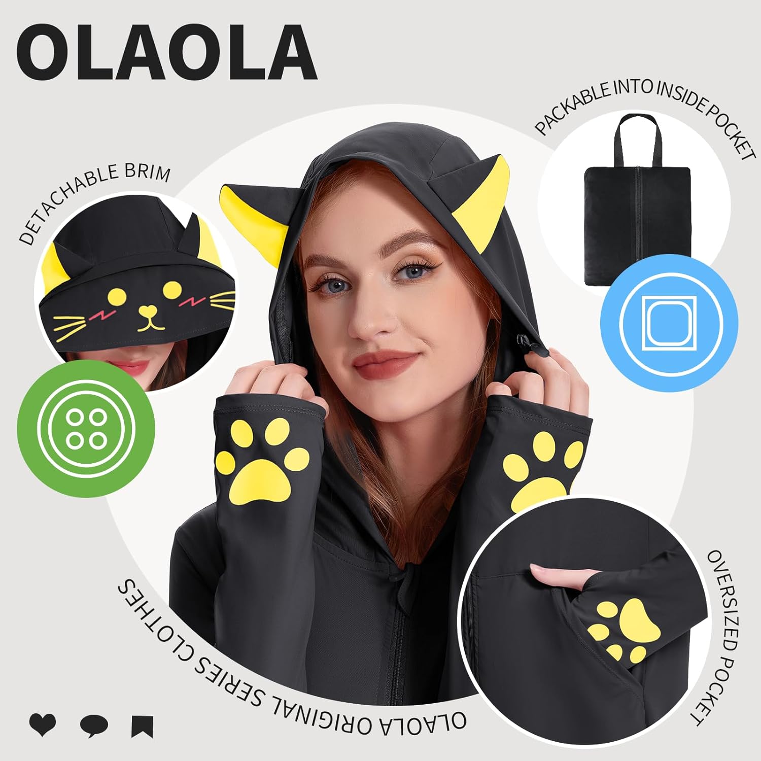 OLAOLA Women UPF 50+ Black Cat Swim Cover Up Sun Protection Hoodie Long Sleeve Quick Dry Jacket