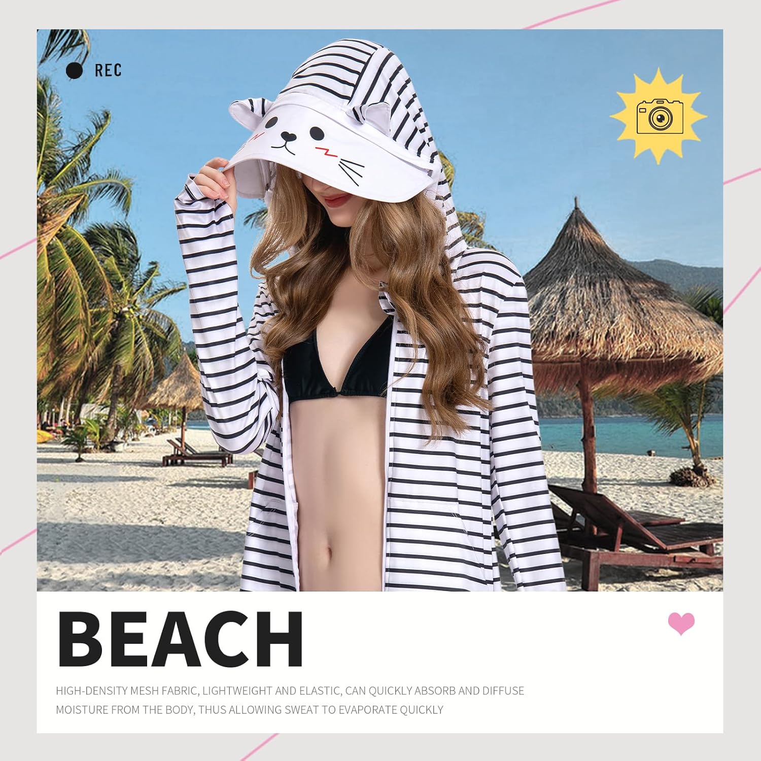 OLAOLA Women UPF 50+ Gray Striped Printed Sun Protection Hoodie Long Sleeve Hiking Outdoor Beach Swim Cover Up