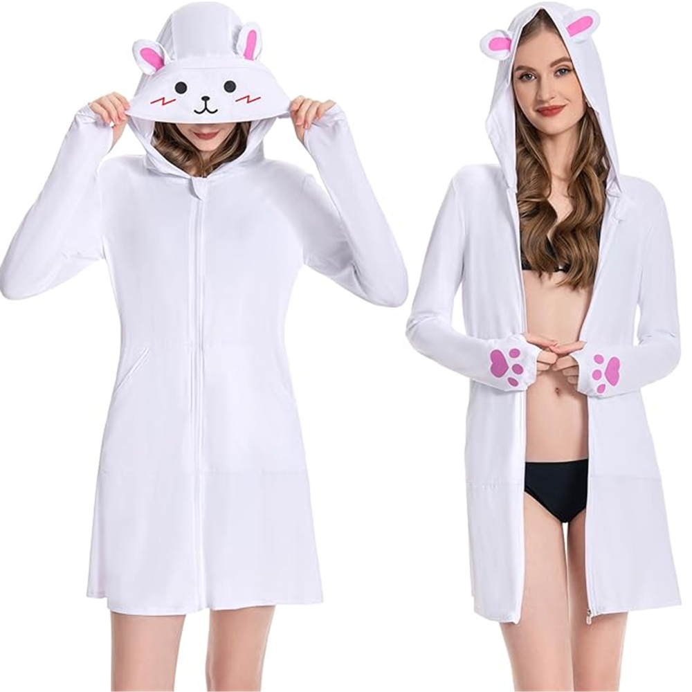 OLAOLA Women's UPF 50+ White Rabbit Swim Beach Cover Up Sun Protection Hoodie Long Jacket Sunscreen Shirt Hiking Outdoor