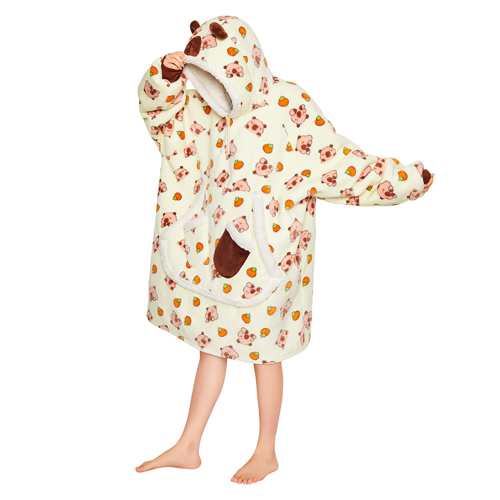 OLAOLA Yellow Capybara Kawaii Printed Wearable Blanket Hoodie Animals Onesie Oversized Soft Homwear With Giant Pocket For Adult