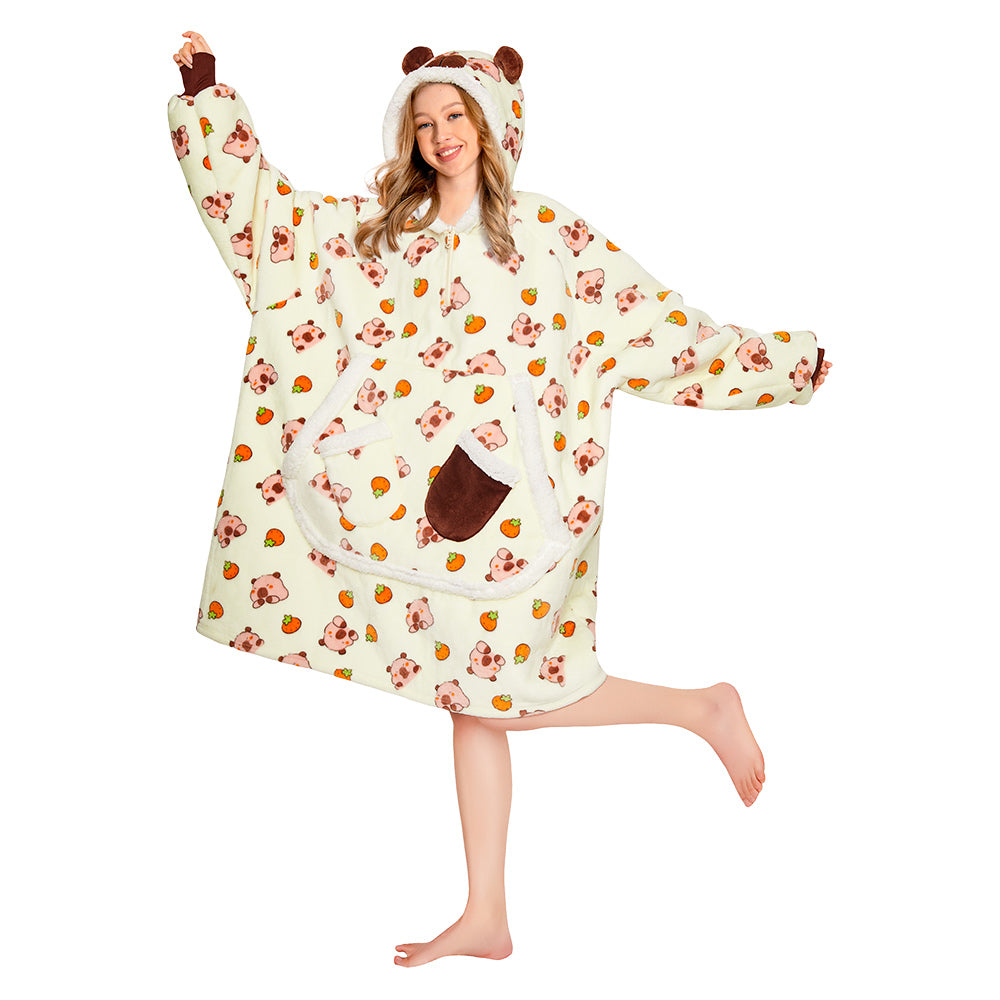 OLAOLA Yellow Capybara Kawaii Printed Wearable Blanket Hoodie Animals Onesie Oversized Soft Homwear With Giant Pocket For Adult