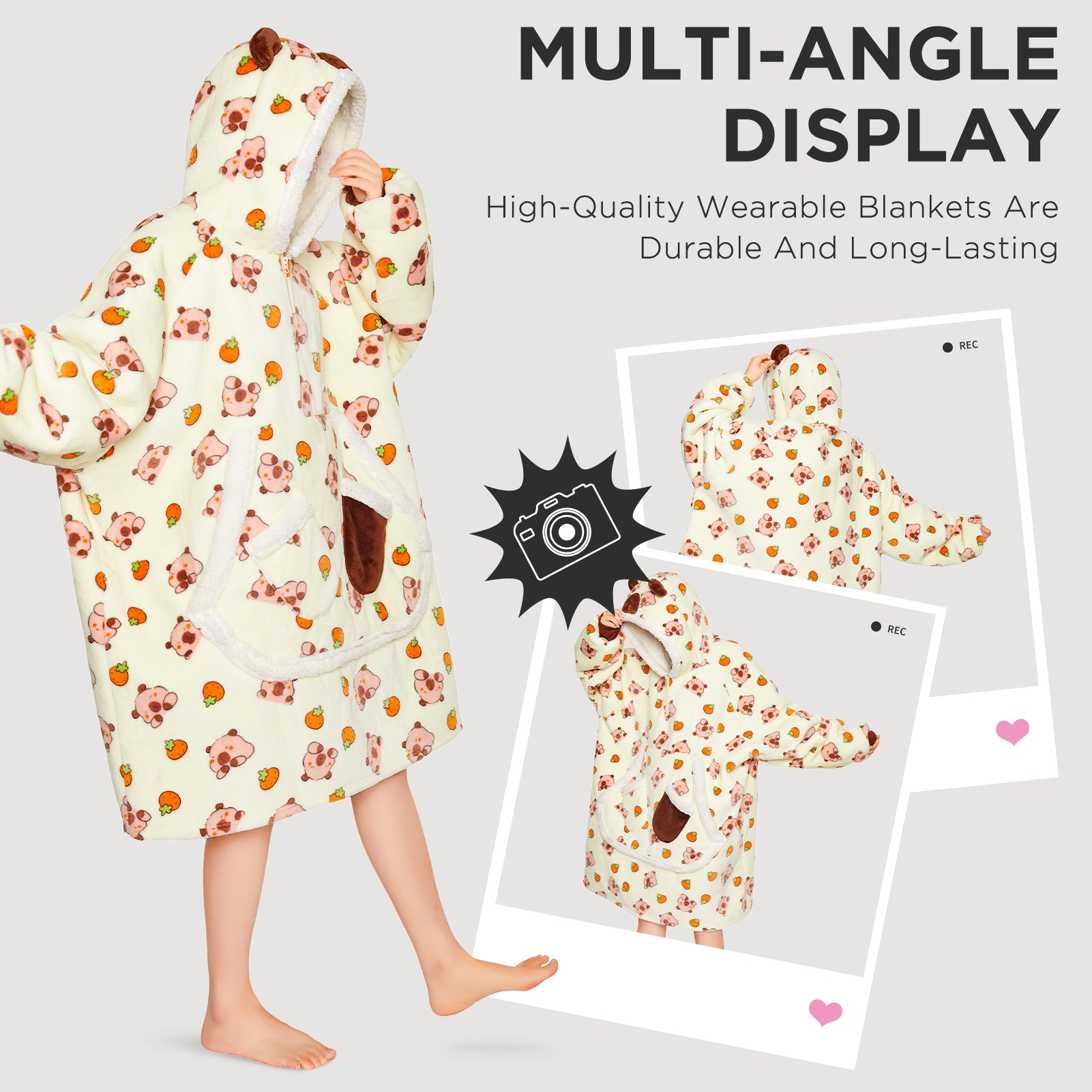 OLAOLA Yellow Capybara Kawaii Printed Wearable Blanket Hoodie Animals Onesie Oversized Soft Homewear With Giant Pocket For Adult