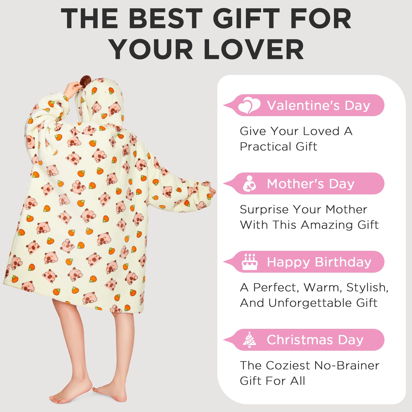 OLAOLA Yellow Capybara Kawaii Printed Wearable Blanket Hoodie Animals Onesie Oversized Soft Homewear With Giant Pocket For Adult