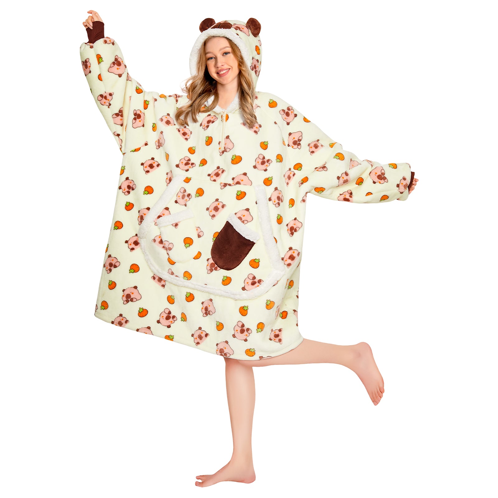 OLAOLA Yellow Capybara Kawaii Printed Wearable Blanket Hoodie Animals Onesie Oversized Soft Homewear With Giant Pocket For Adult