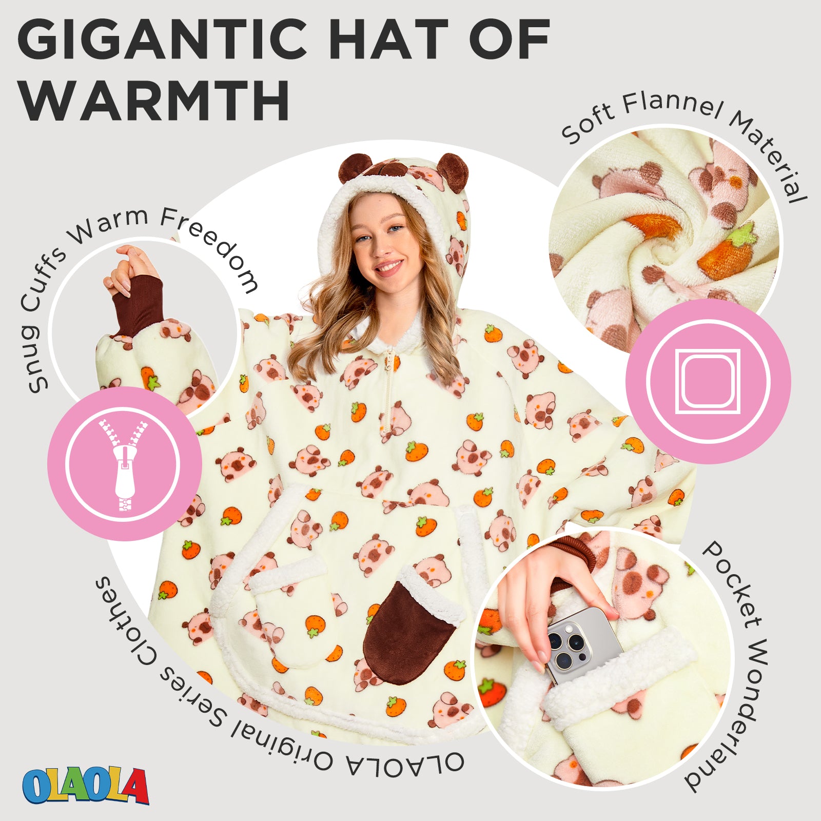 OLAOLA Yellow Capybara Kawaii Printed Wearable Blanket Hoodie Animals Onesie Oversized Soft Homewear With Giant Pocket For Adult