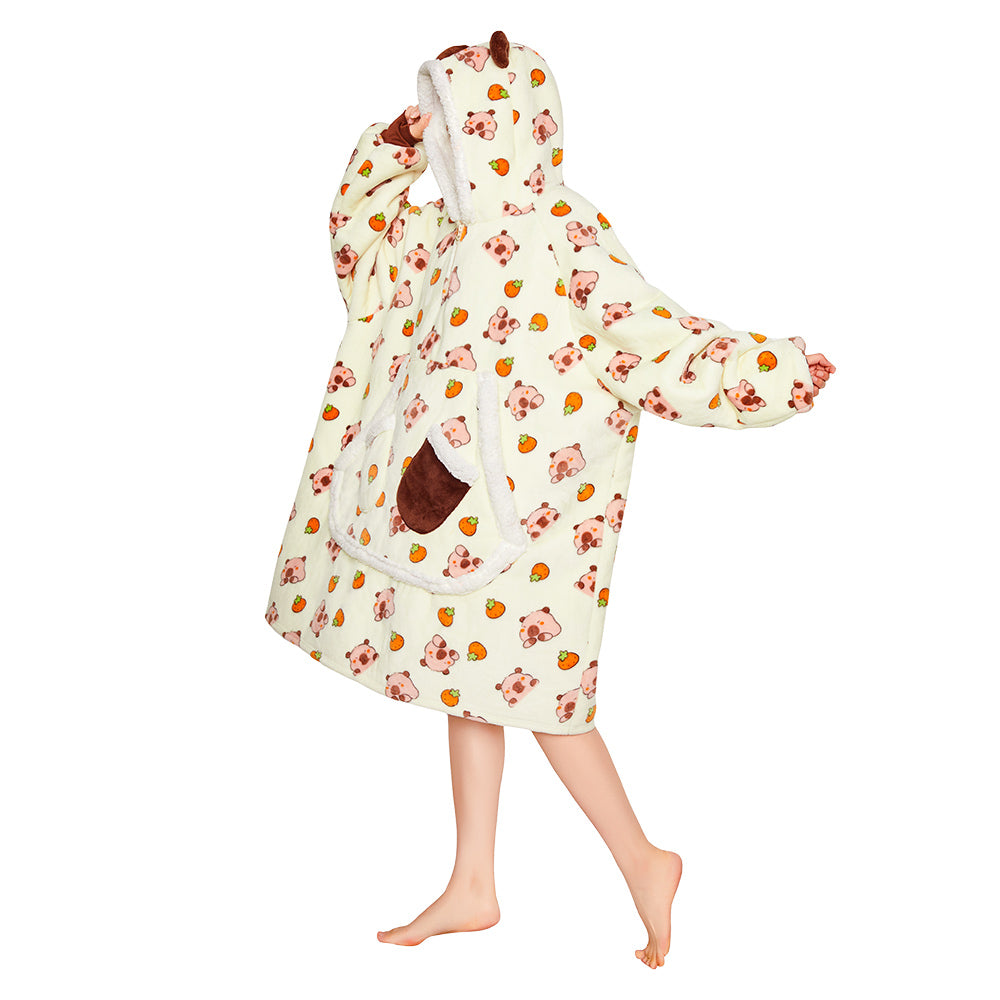OLAOLA Yellow Capybara Kawaii Printed Wearable Blanket Hoodie Animals Onesie Oversized Soft Homwear With Giant Pocket For Adult