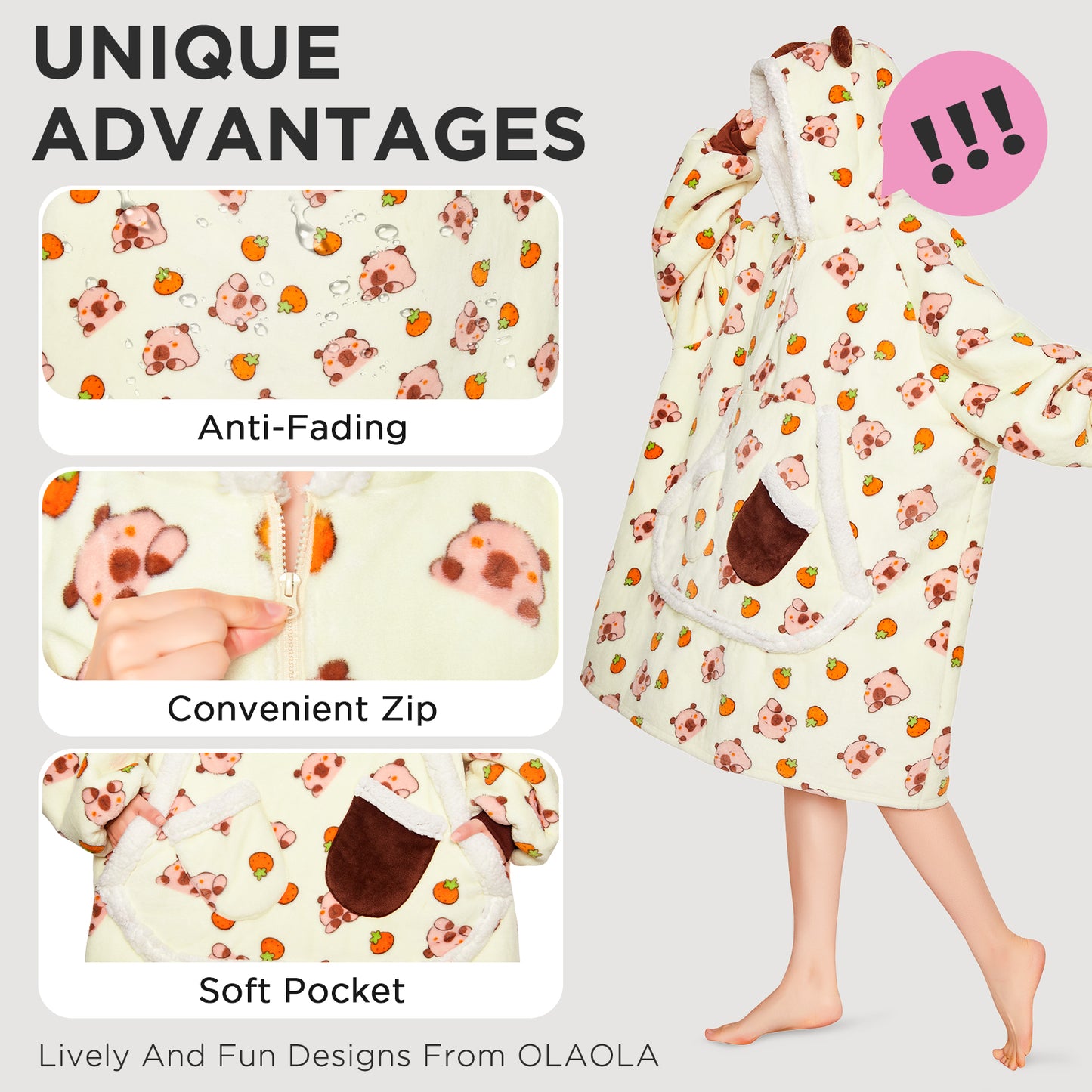 OLAOLA Yellow Capybara Kawaii Printed Wearable Blanket Hoodie Animals Onesie Oversized Soft Homewear With Giant Pocket For Adult