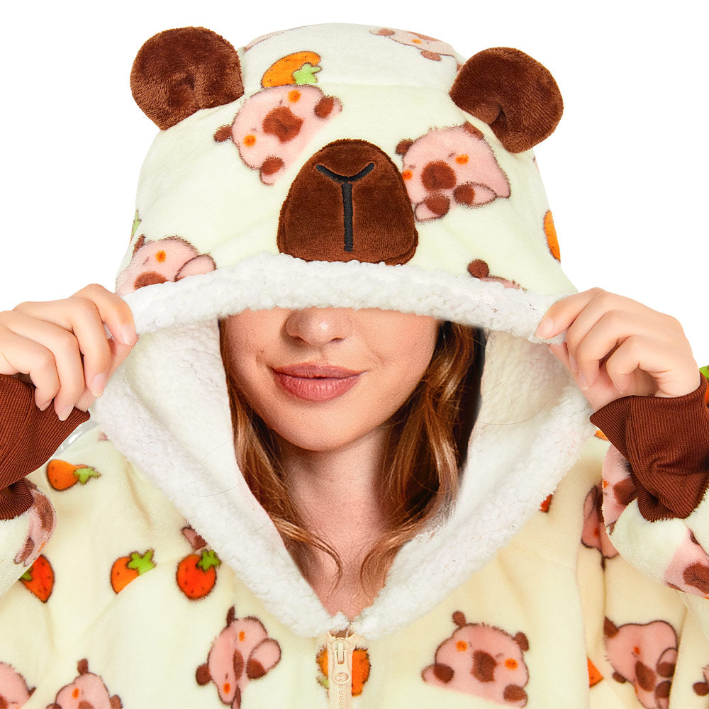 OLAOLA Yellow Capybara Kawaii Printed Wearable Blanket Hoodie Animals Onesie Oversized Soft Homwear With Giant Pocket For Adult