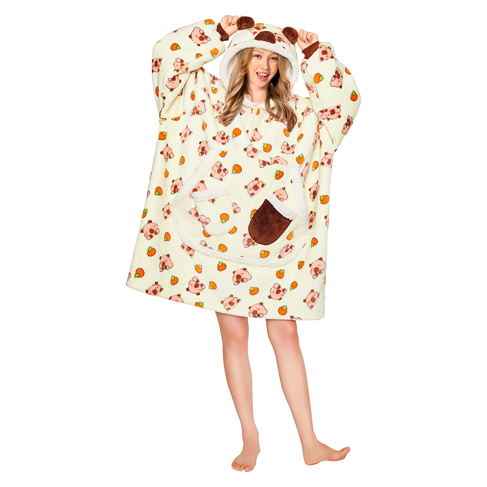 OLAOLA Yellow Capybara Kawaii Printed Wearable Blanket Hoodie Animals Onesie Oversized Soft Homwear With Giant Pocket For Adult