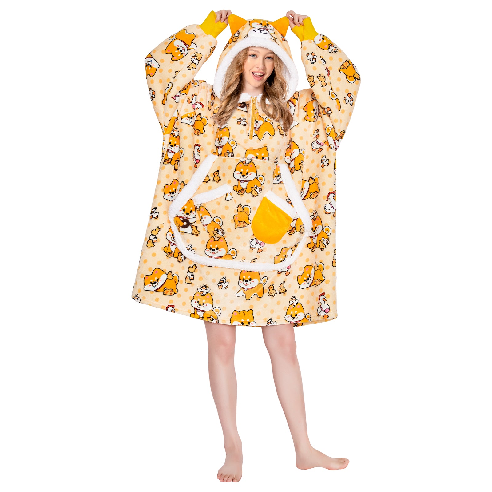 OLAOLA Yellow Dog Wearable Blanket Hoodie Shiba Inu Animals Onesie Oversized Soft Homewear With Giant Pocket For Adult