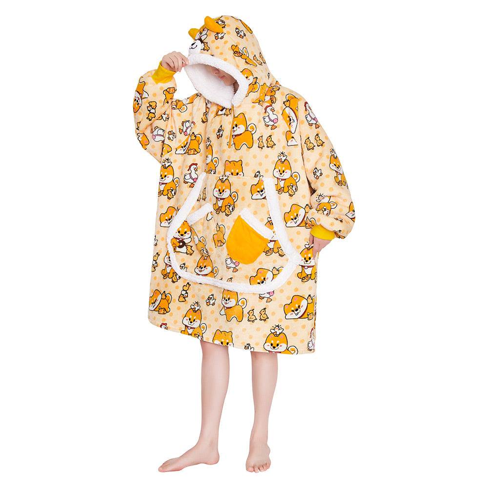 OLAOLA Yellow Dog Wearable Blanket Hoodie Shiba Inu Animals Onesie Oversized Soft Homwear With Giant Pocket For Adult