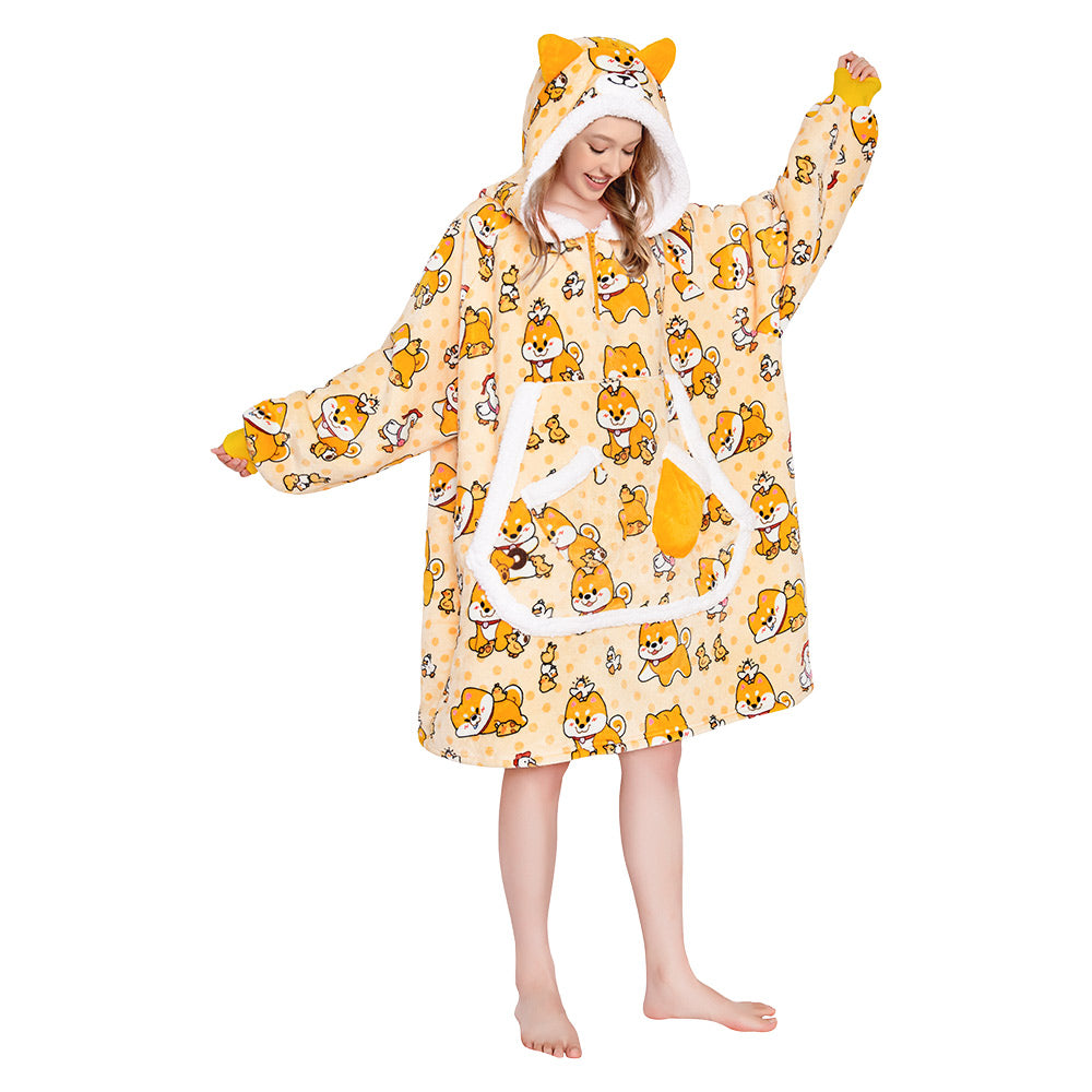 OLAOLA Yellow Dog Wearable Blanket Hoodie Shiba Inu Animals Onesie Oversized Soft Homwear With Giant Pocket For Adult