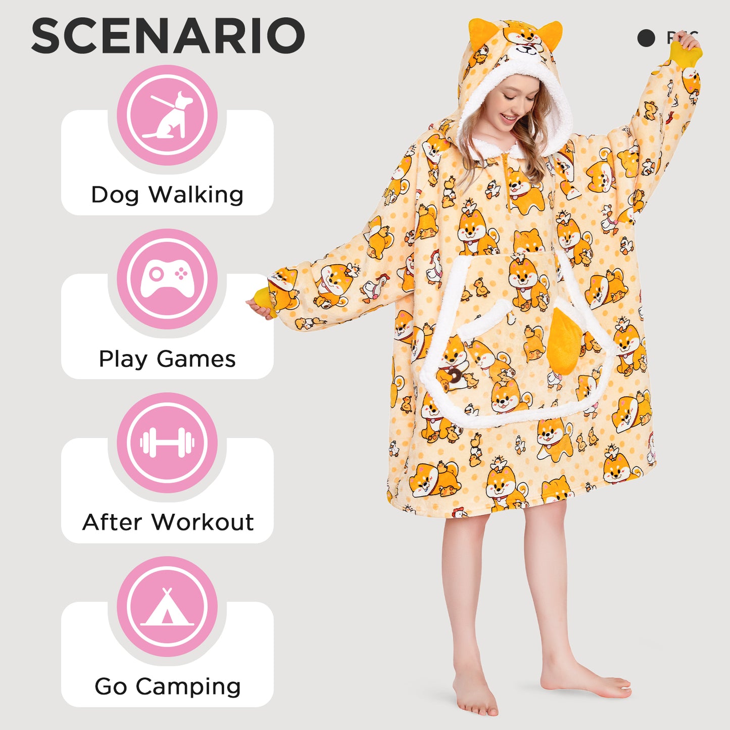 OLAOLA Yellow Dog Wearable Blanket Hoodie Shiba Inu Animals Onesie Oversized Soft Homewear With Giant Pocket For Adult