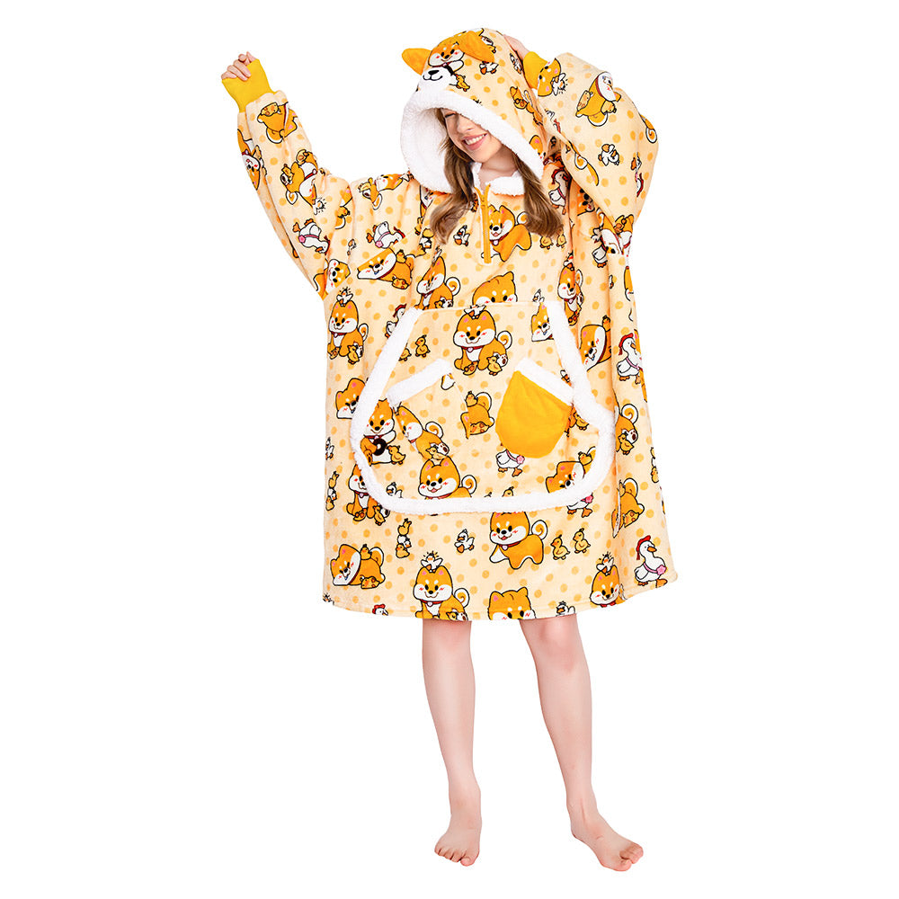 OLAOLA Yellow Dog Wearable Blanket Hoodie Shiba Inu Animals Onesie Oversized Soft Homwear With Giant Pocket For Adult
