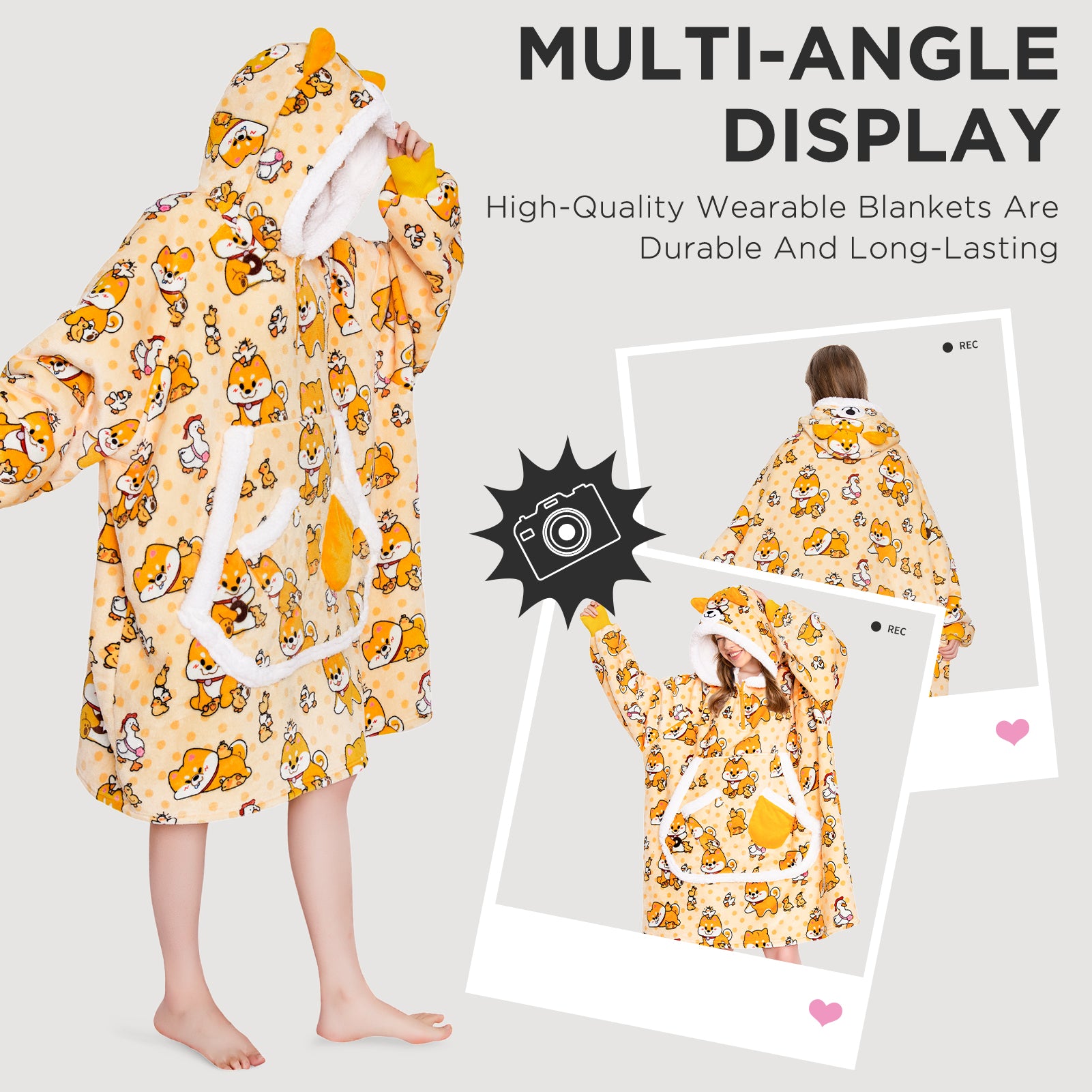 OLAOLA Yellow Dog Wearable Blanket Hoodie Shiba Inu Animals Onesie Oversized Soft Homewear With Giant Pocket For Adult