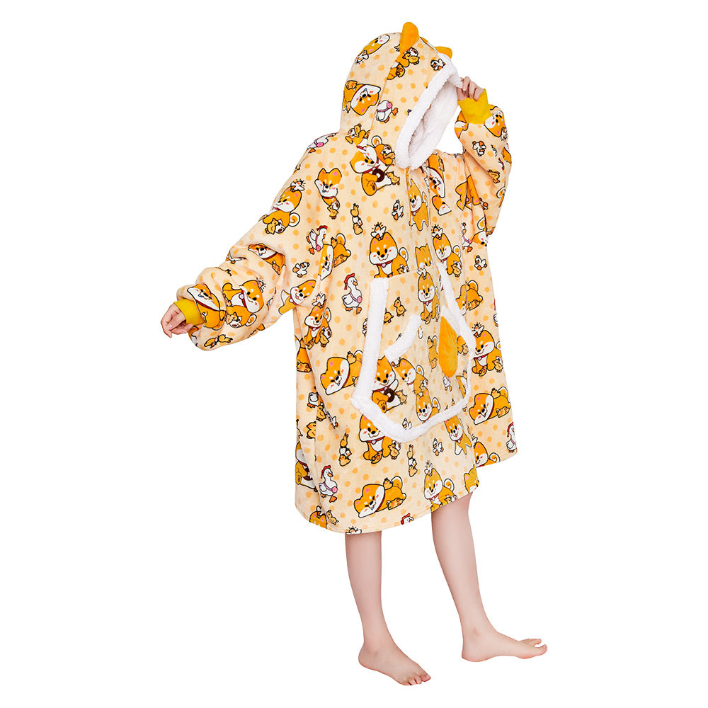 OLAOLA Yellow Dog Wearable Blanket Hoodie Shiba Inu Animals Onesie Oversized Soft Homwear With Giant Pocket For Adult