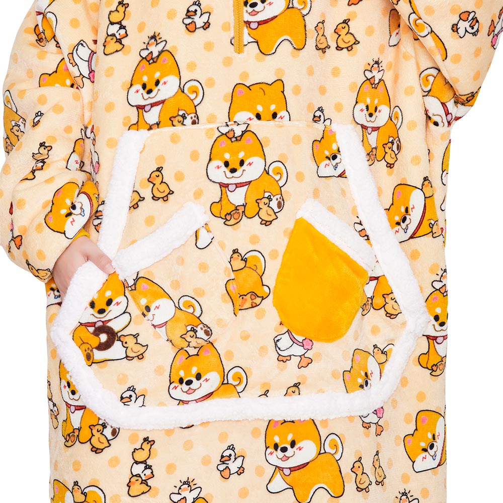 OLAOLA Yellow Dog Wearable Blanket Hoodie Shiba Inu Animals Onesie Oversized Soft Homwear With Giant Pocket For Adult