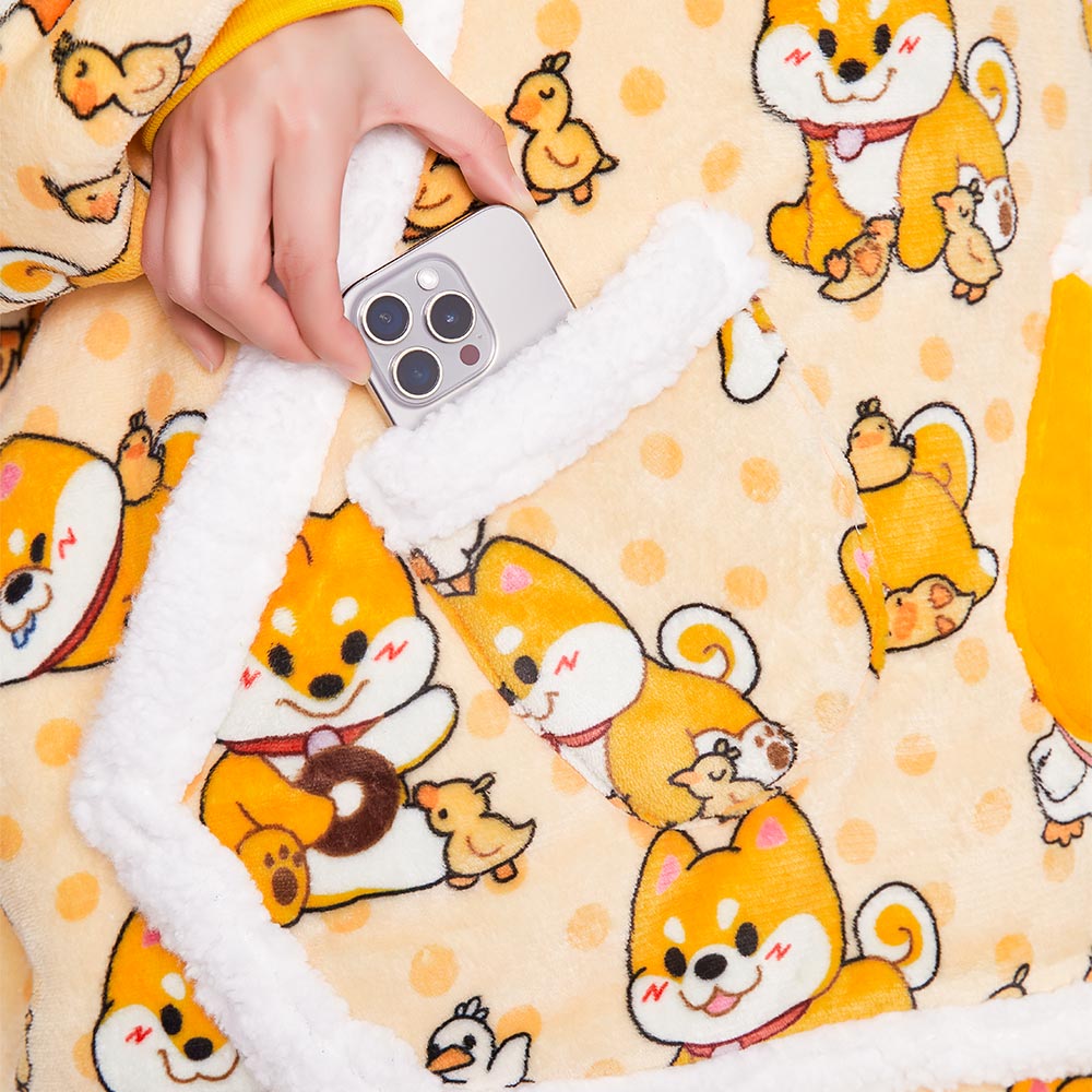 OLAOLA Yellow Dog Wearable Blanket Hoodie Shiba Inu Animals Onesie Oversized Soft Homwear With Giant Pocket For Adult