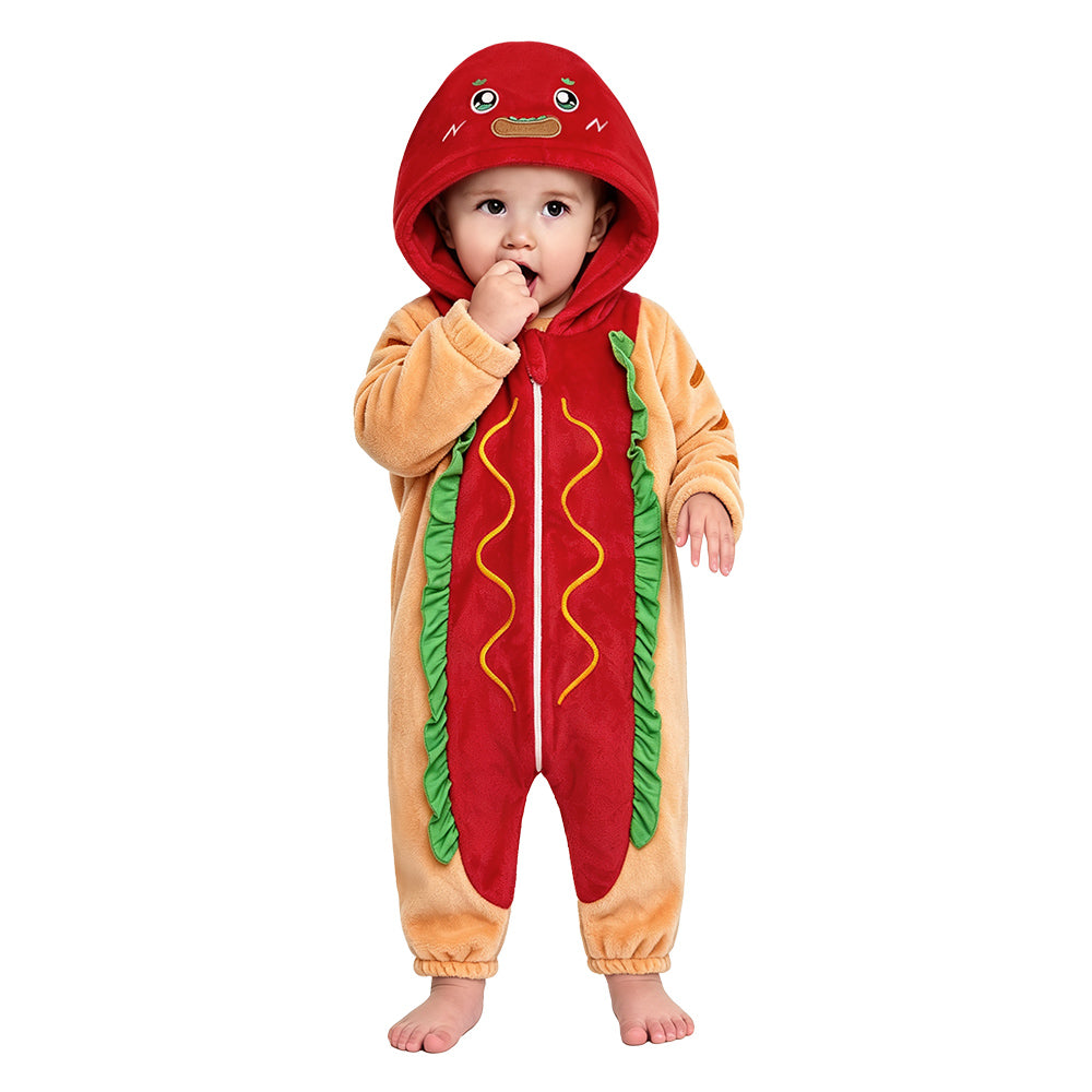 OLAOLA Baby Hot Dog Infant Jumpsuit Animal Costume Unisex Toddler Onesie Soft Cozy Flannel Halloween Cosplay Romper