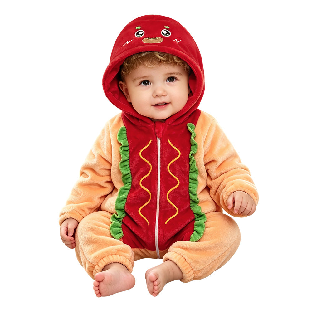 OLAOLA Baby Hot Dog Infant Jumpsuit Animal Costume Unisex Toddler Onesie Soft Cozy Flannel Halloween Cosplay Romper
