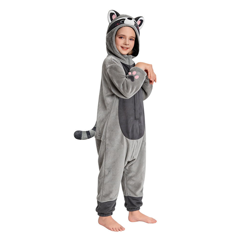 OLAOLA Kids Gray Raccoon Pajamas Animals Onesie Plush Cozy One Piece Sleepwear Halloween Christmas Suit