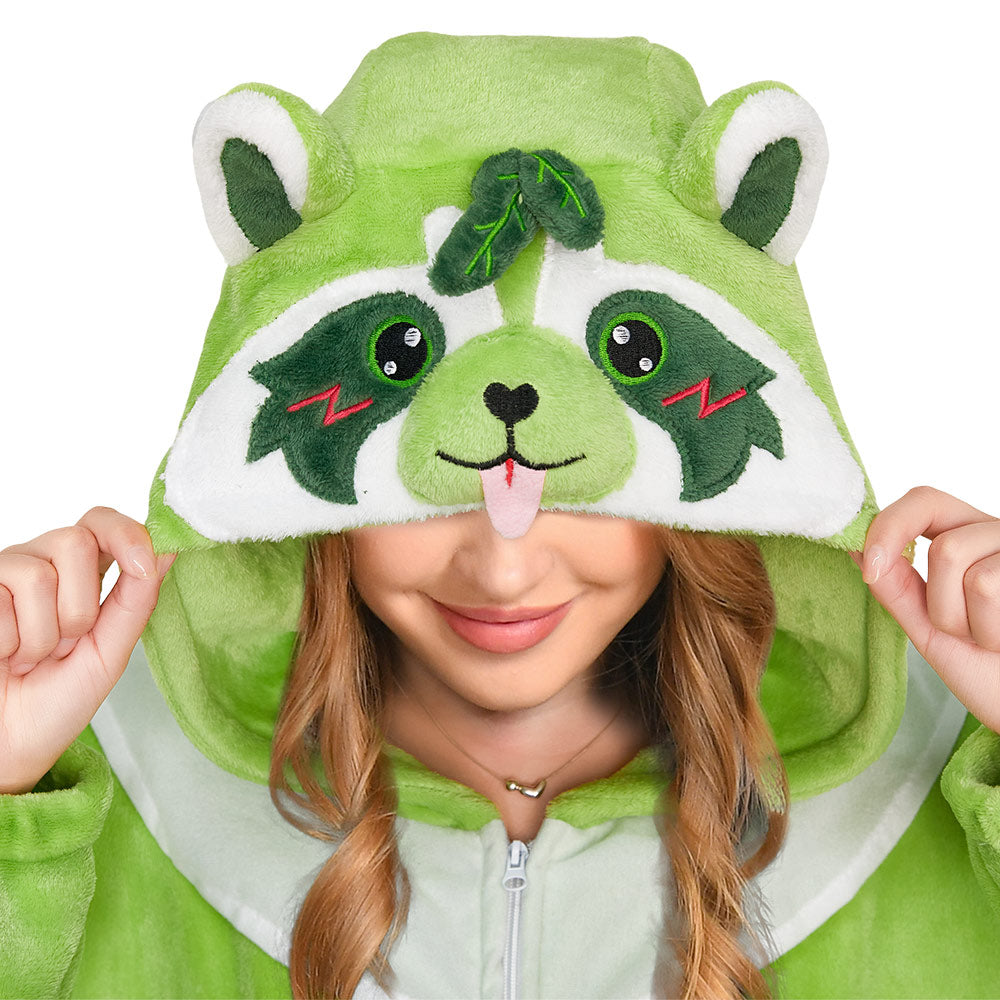 OLAOLA Matcha Boba Raccoon Pajamas Green Animals Onesie Plush Warm Home One Piece For Adult Unisex Halloween Costume