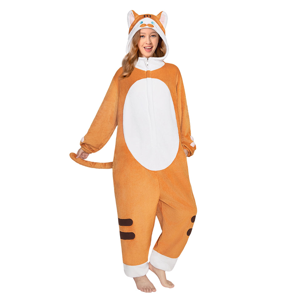 OLAOLA Orange Cat Animal Onesie Flannel Pajamas Plush Warm Home One Piece For Adult Unisex Halloween Costume
