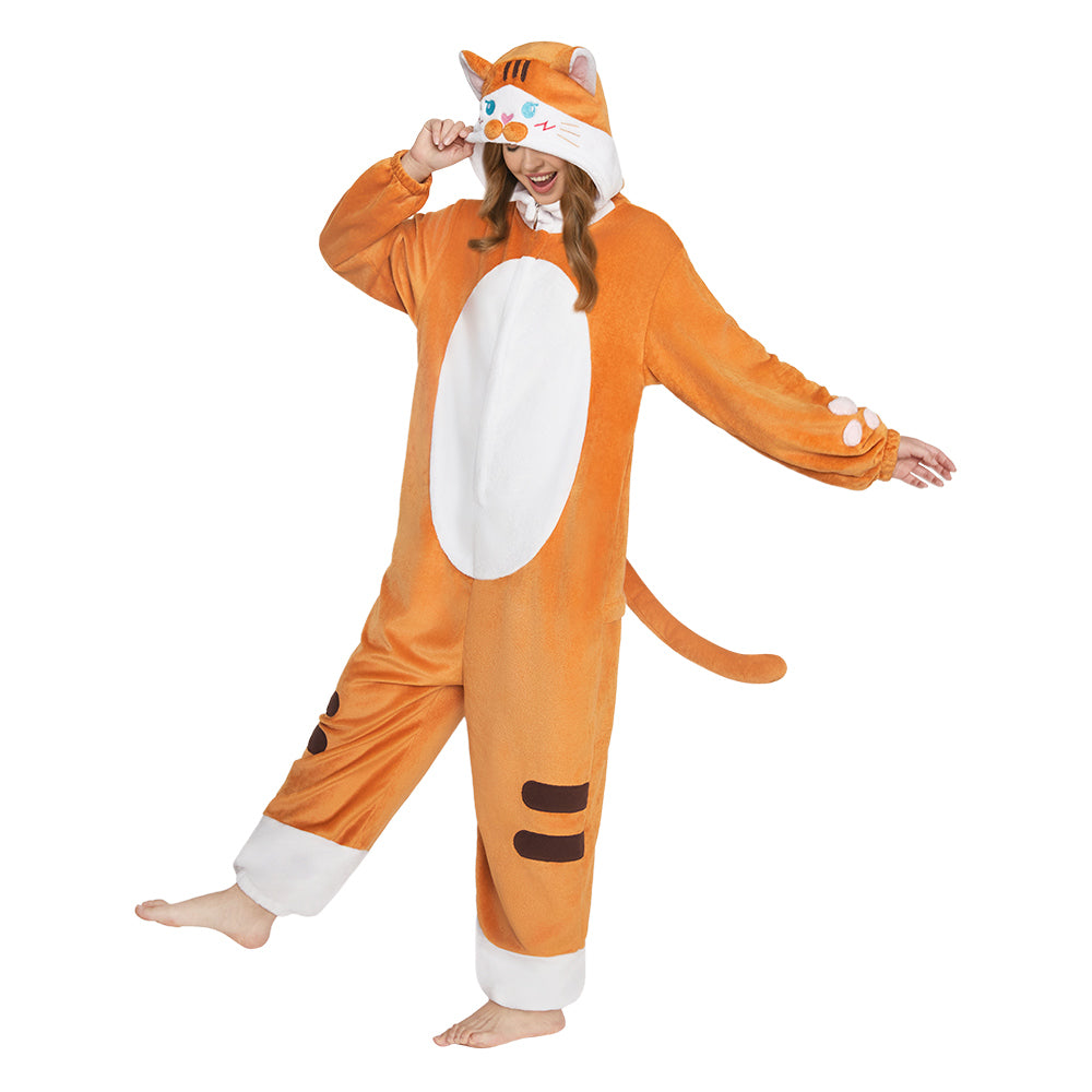 OLAOLA Orange Cat Animal Onesie Flannel Pajamas Plush Warm Home One Piece For Adult Unisex Halloween Costume