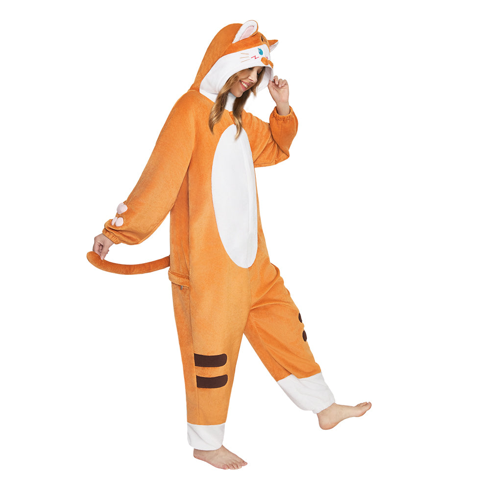 OLAOLA Orange Cat Animal Onesie Flannel Pajamas Plush Warm Home One Piece For Adult Unisex Halloween Costume