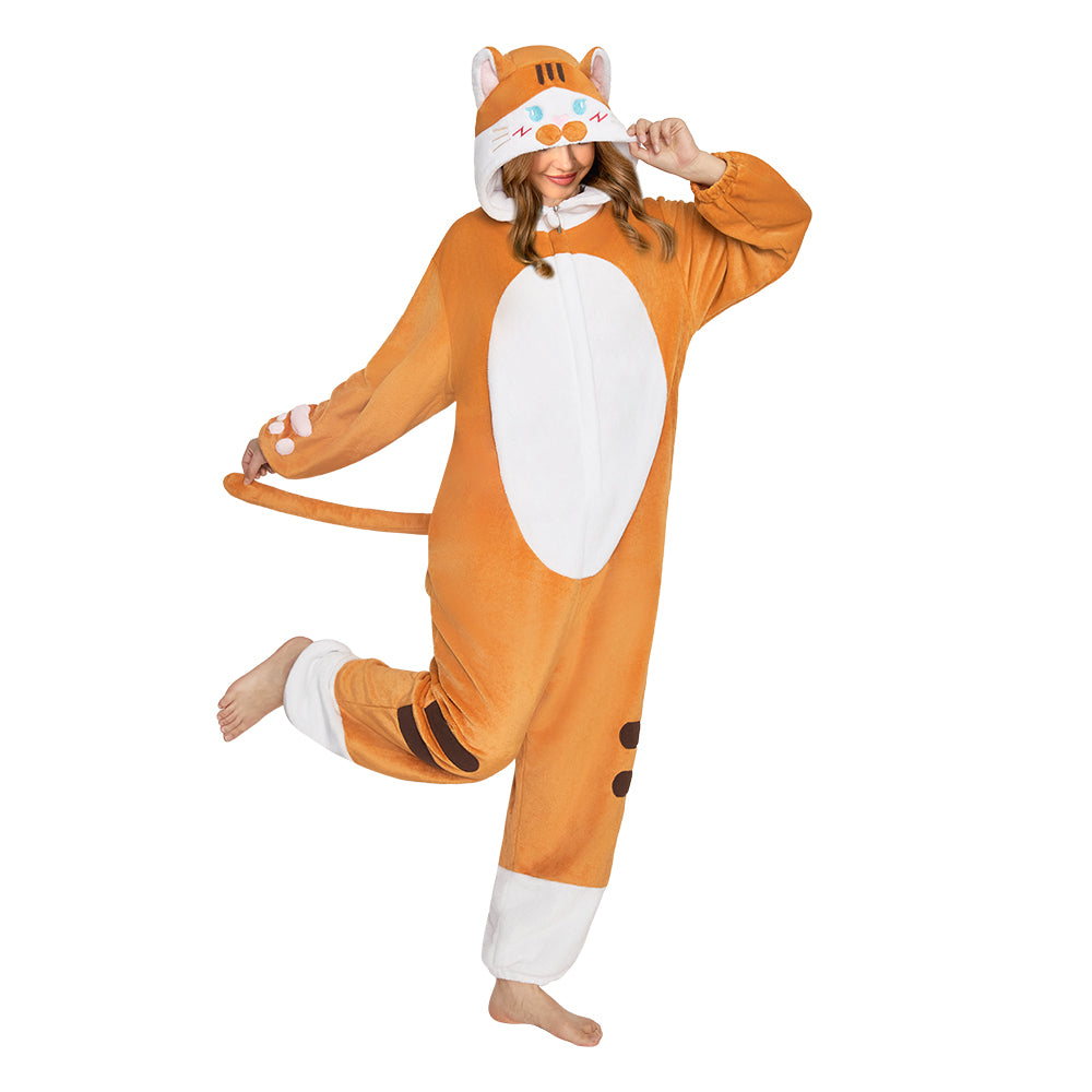 OLAOLA Orange Cat Animal Onesie Flannel Pajamas Plush Warm Home One Piece For Adult Unisex Halloween Costume