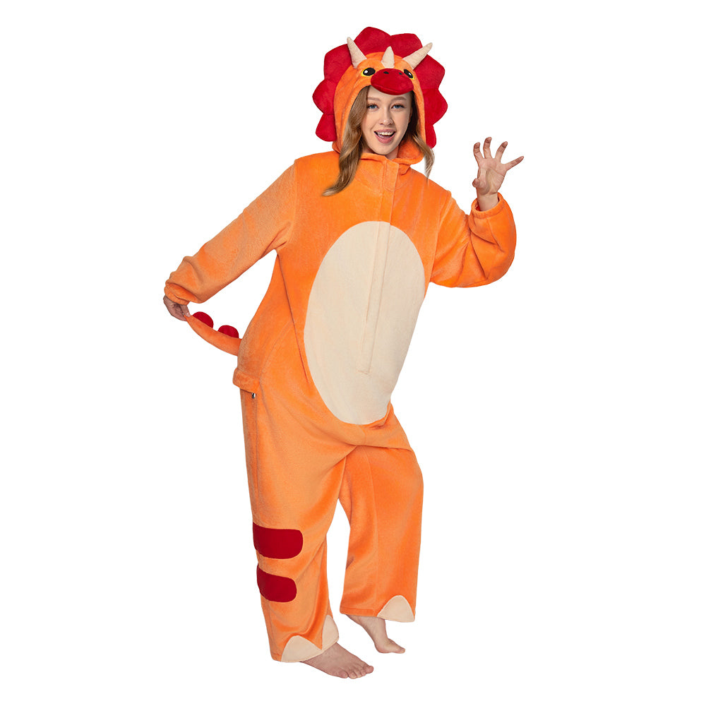 OLAOLA Orange Triceratops Pajamas Dinosaur Animals Onesie Plush Warm Home One Piece Adult Halloween Costume
