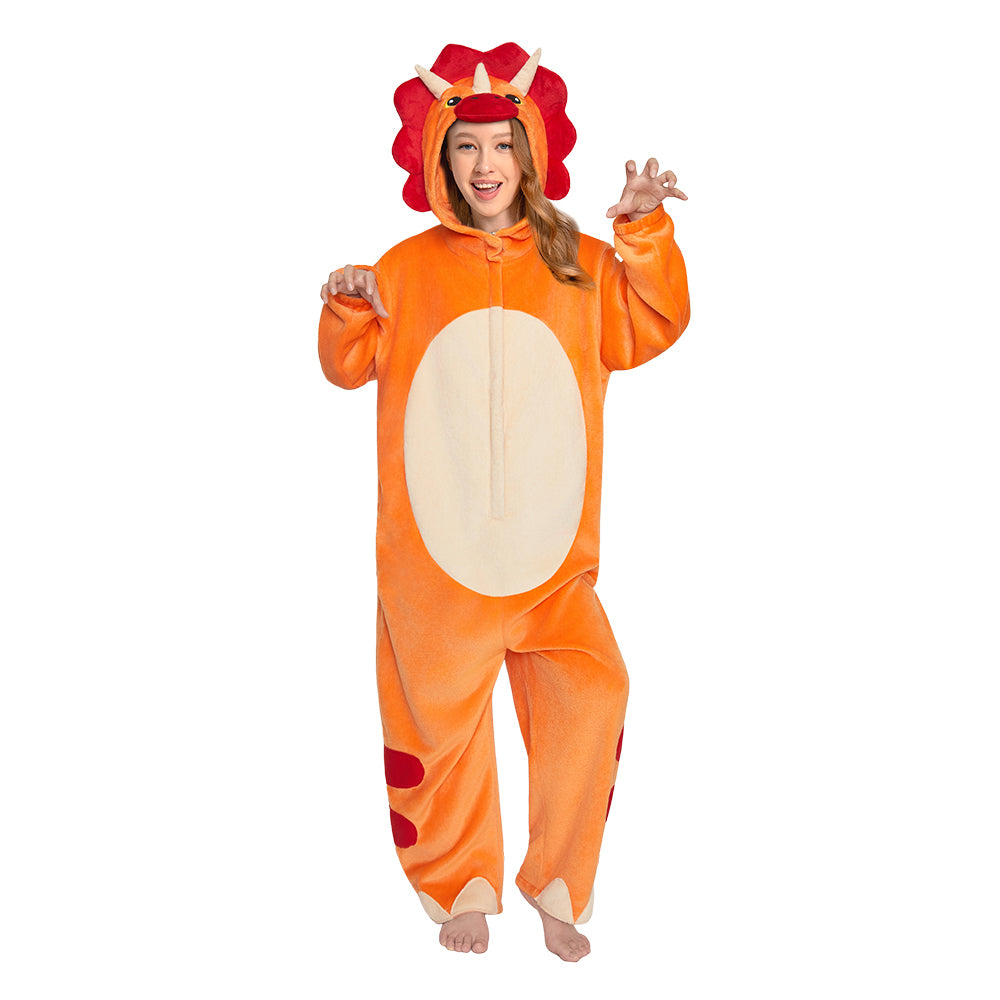 OLAOLA Orange Triceratops Pajamas Dinosaur Animals Onesie Plush Warm Home One Piece Adult Halloween Costume