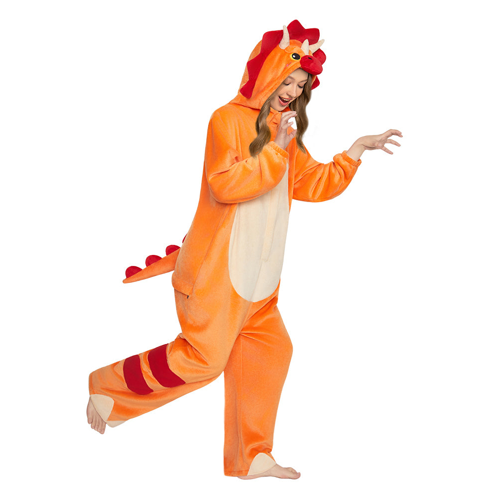 OLAOLA Orange Triceratops Pajamas Dinosaur Animals Onesie Plush Warm Home One Piece Adult Halloween Costume
