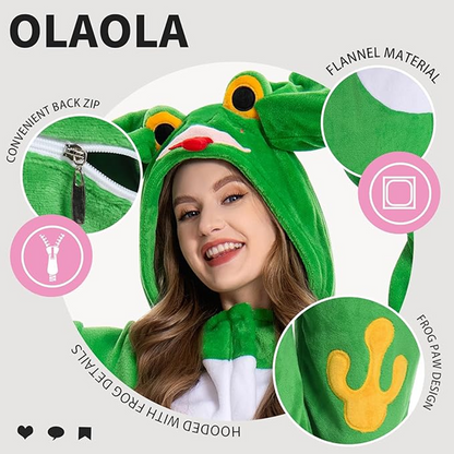 OLAOLA Unisex Adult Plush Frog Animals Onesie Pajamas Warm Home One-Piece Sleepwear