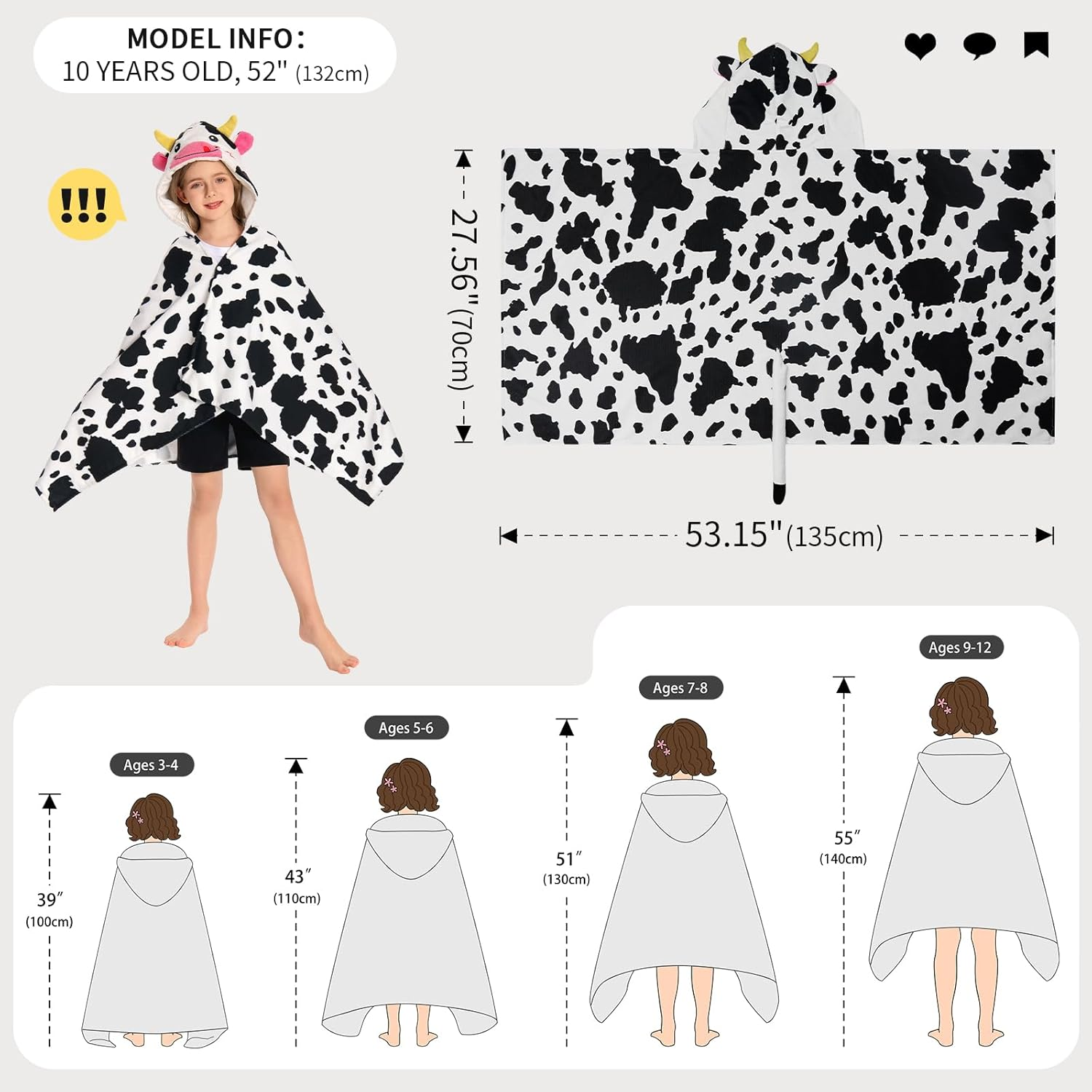 OLAOLA Kids Cow Printed Hooded Beach Towels Soft Absorbent Swim Pool Towels Poncho Animal Onesie