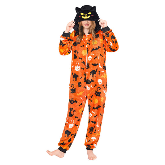 OLAOLA Yellow Printed Cat Pajamas Plush Animals Onesie Adult Soft Sleepwear Halloween Carnival Suit