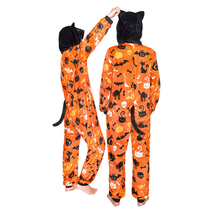OLAOLA Yellow Printed Cat Pajamas Plush Animals Onesie Adult Soft Sleepwear Halloween Carnival Suit