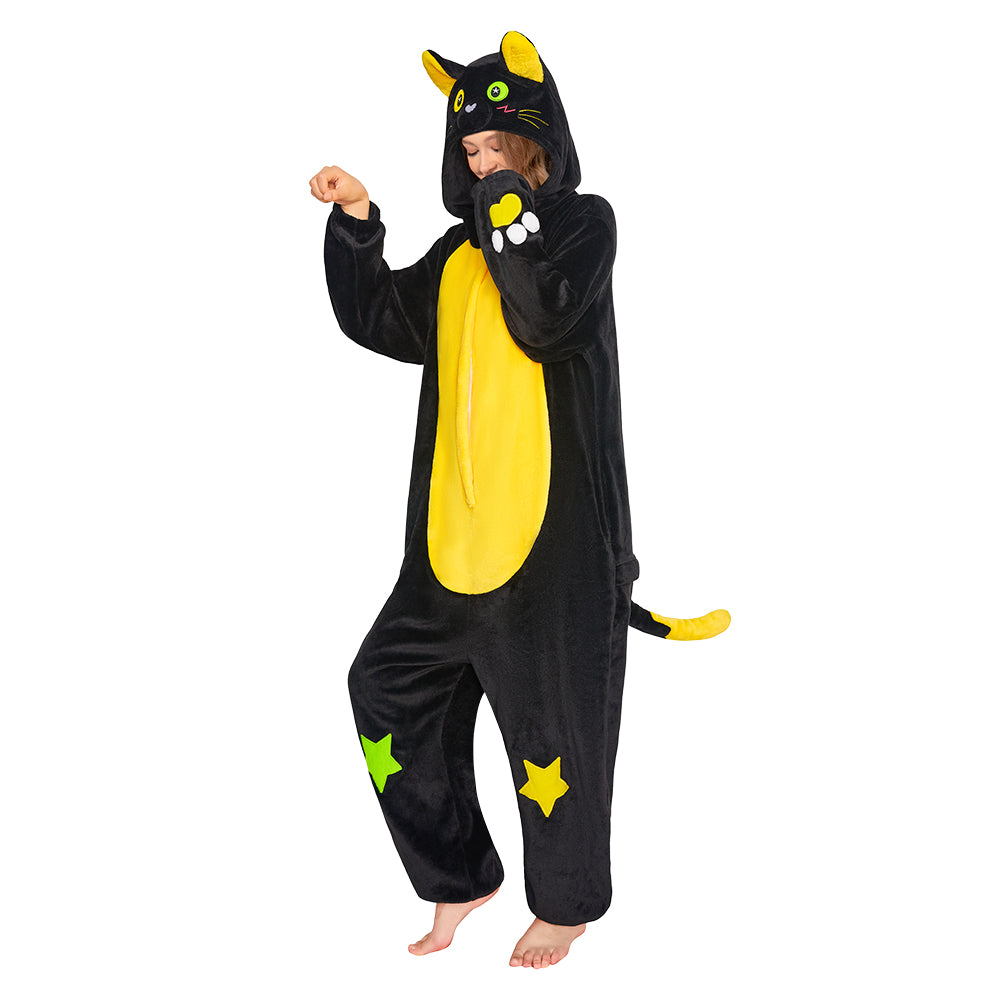 OLAOLA Star Black Cat Costume Unisex Adult Plush Animals Onesie Pajamas Warm Home Pet One-Piece Sleepwear