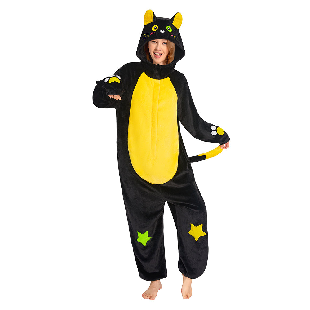 OLAOLA Star Black Cat Costume Unisex Adult Plush Animals Onesie Pajamas Warm Home Pet One-Piece Sleepwear