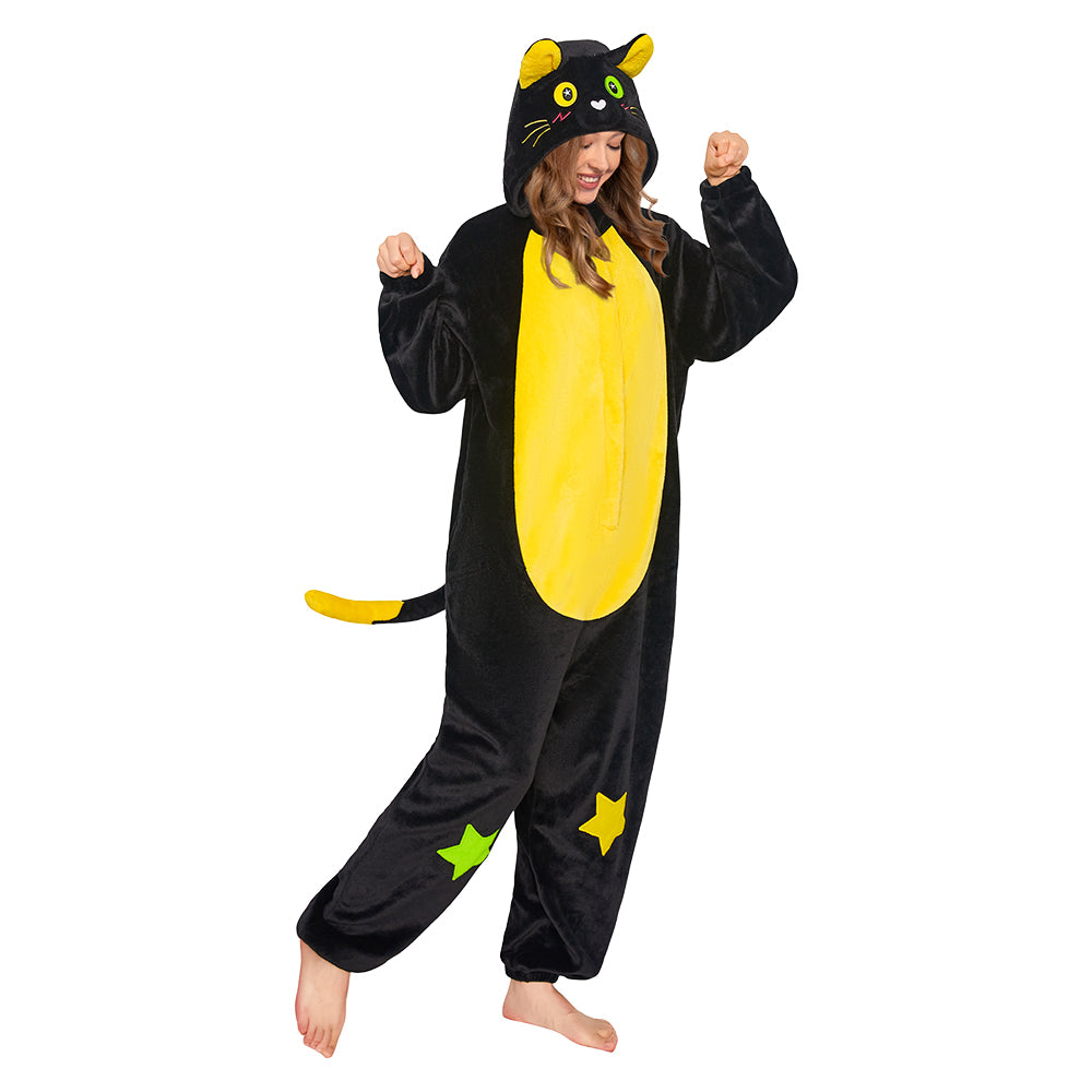 OLAOLA Star Black Cat Costume Unisex Adult Plush Animals Onesie Pajamas Warm Home Pet One-Piece Sleepwear