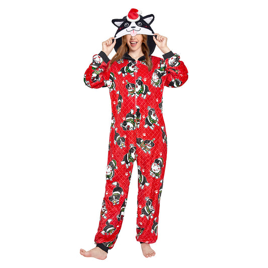 OLAOLA Red Printed Christmas Dog Pajamas Plush Animals Onesie Adult Soft Sleepwear Halloween Carnival Suit