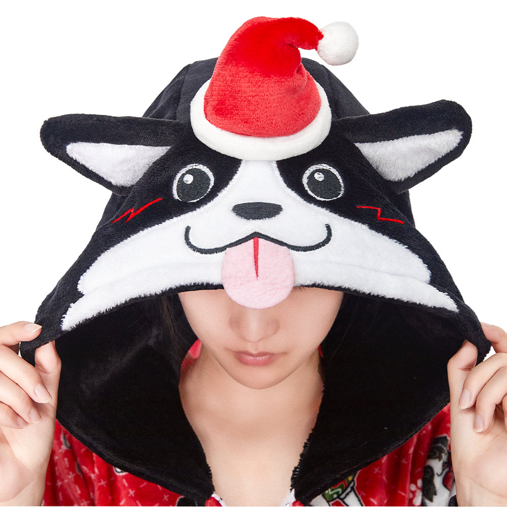 OLAOLA Red Printed Christmas Dog Pajamas Plush Animals Onesie Adult Soft Sleepwear Halloween Carnival Suit
