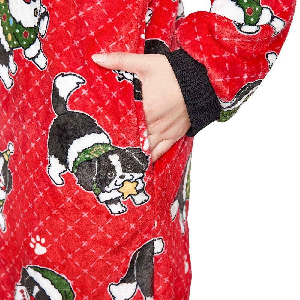 OLAOLA Red Printed Christmas Dog Pajamas Plush Animals Onesie Adult Soft Sleepwear Halloween Carnival Suit