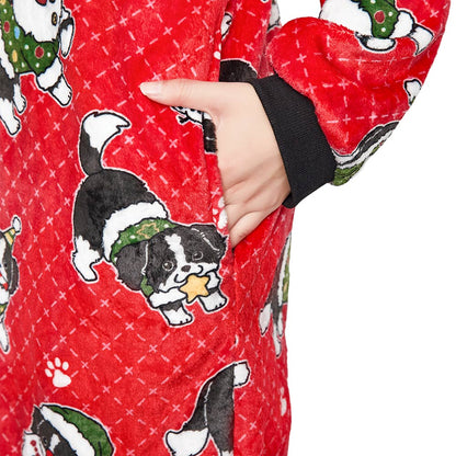 OLAOLA Red Printed Christmas Dog Pajamas Plush Animals Onesie Adult Soft Sleepwear Halloween Carnival Suit
