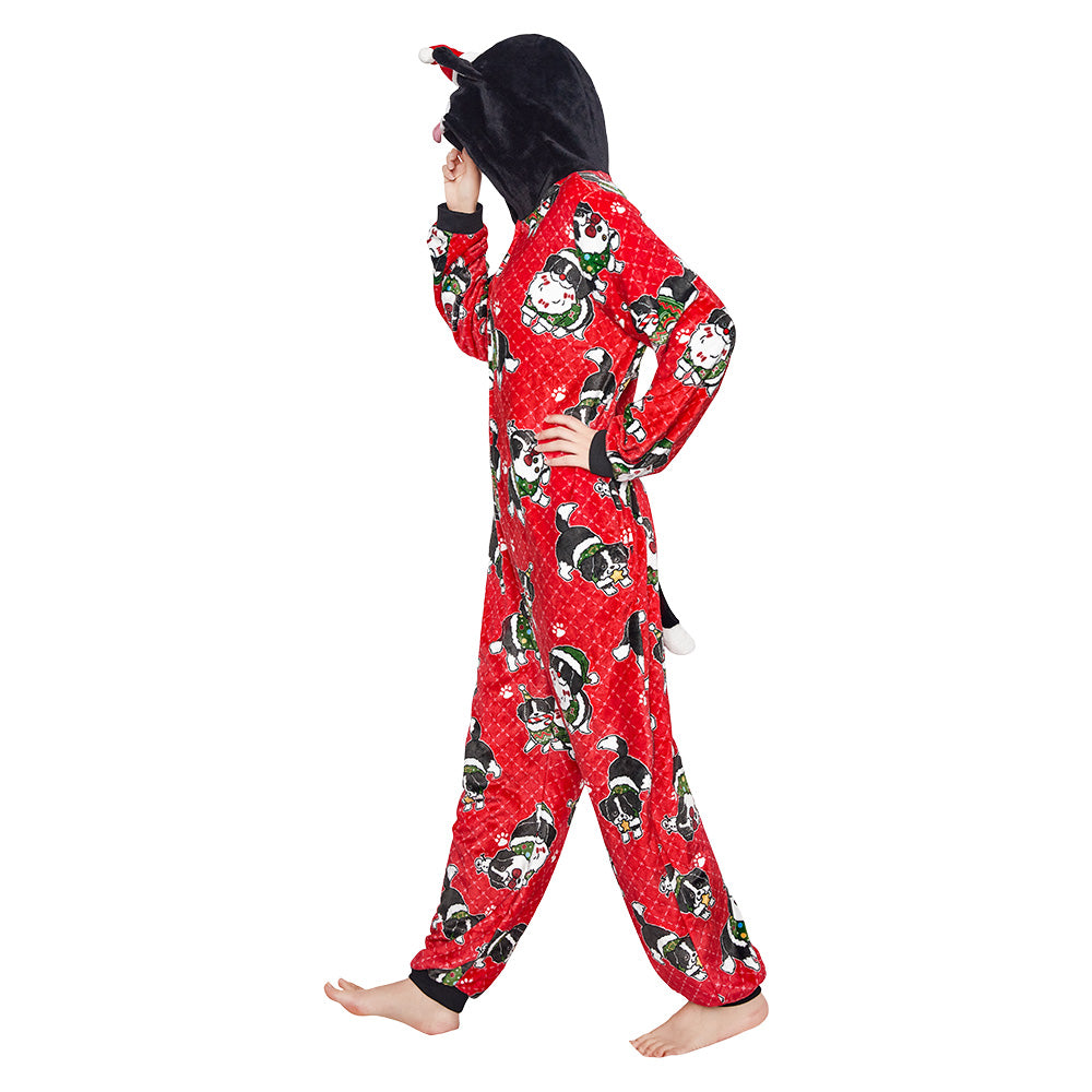 OLAOLA Red Printed Christmas Dog Pajamas Plush Animals Onesie Adult Soft Sleepwear Halloween Carnival Suit