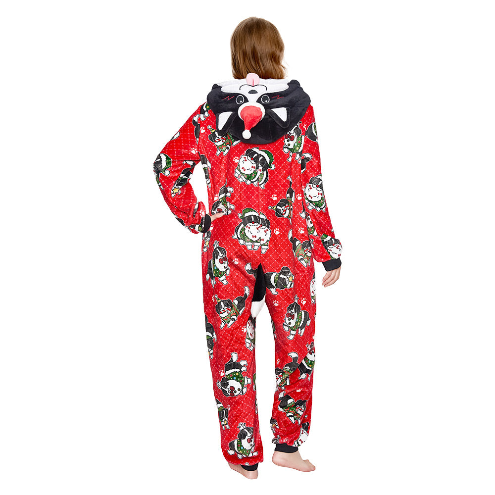 OLAOLA Red Printed Christmas Dog Pajamas Plush Animals Onesie Adult Soft Sleepwear Halloween Carnival Suit